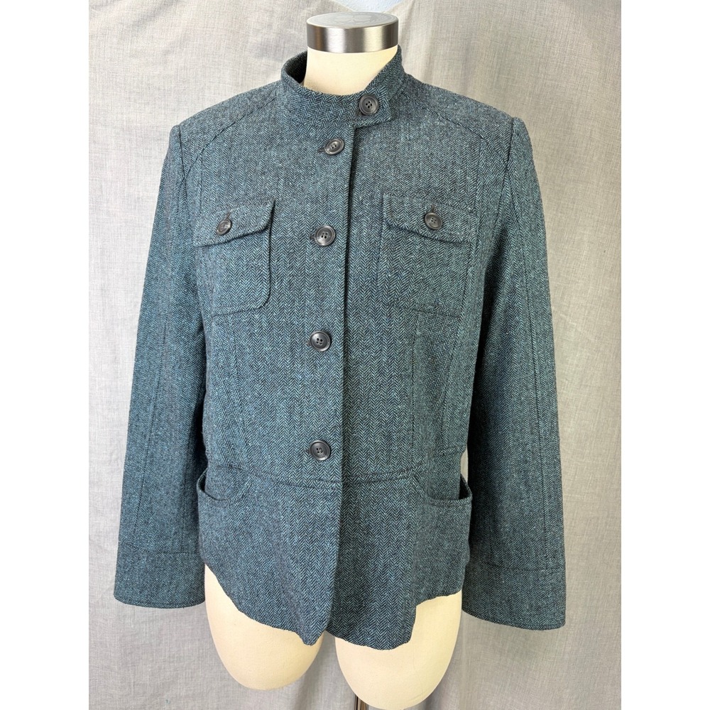 Olsen Europe Teal‎ Fine Tweed Wool Silk Jacket Size 12 Military Chic City